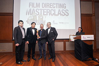From left: Founder & Principal of The One Academy Tatsun Hoi, President of Asia Pacific Brands Foundation (APBF) Dr. KK Johan, Director of Minions Kyle Balda and Chairman of APBF YBhg Tan Sri Rainer Althoff. Kyle Balda receiving The BrandLaureate International Brand Personality Award after The One Academy’s Film Directing Masterclass.