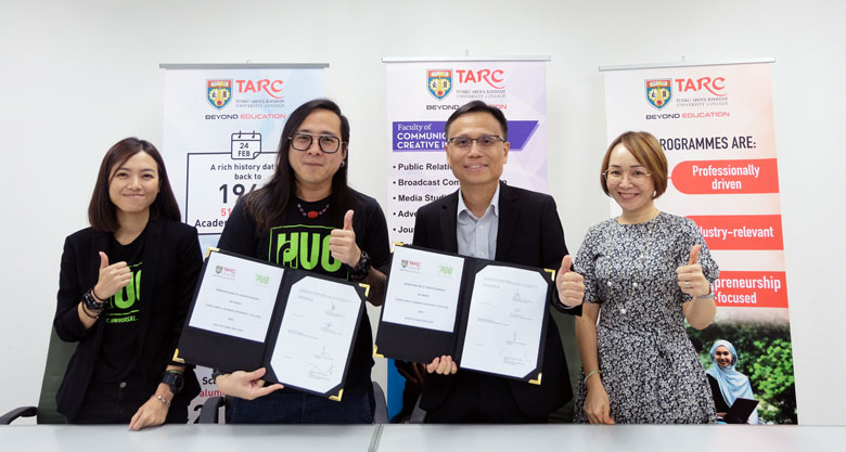 Prof Ir Dr Lee Sze Wei (second from right) and Mr Mark Lee (second from left) after signing the MoU together with Ms Dearna Kee June Chen (rightmost) and Dr Chin Kit Ling (leftmost), Co-founder and Executive Producer of HUG Pictures Sdn Bhd.