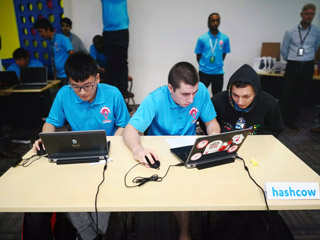 The F-Secure Intervarsity Cyber Security Competition 2018 tested the skills of students in IT, Cyber Security and General Knowledge. Team hashcow, from left: Choong Chih Xien, Alexandr Sukhamera and Nikita Pivnev